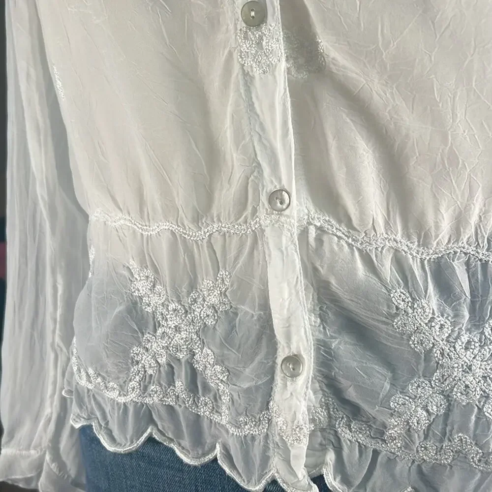 J.Jill gossamer cottage core white rayon v-neck long sleeve peasant blouse S - Picture 4 of 11